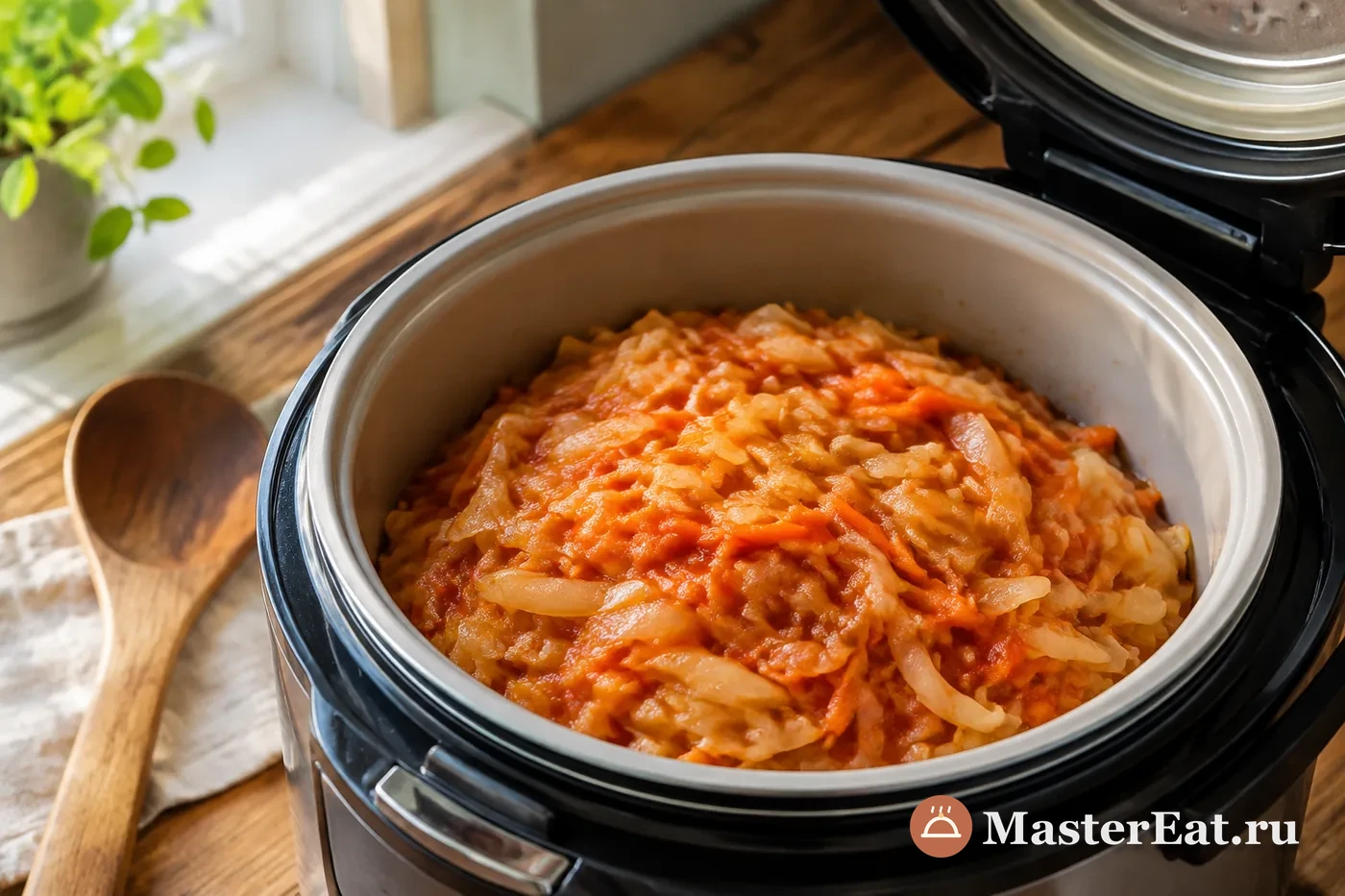 Сочная тушёная капуста с морковью и томатным соусом в открытой чаше мультиварки
