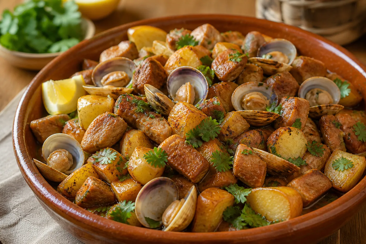 Португальская свинина с моллюсками и картофелем