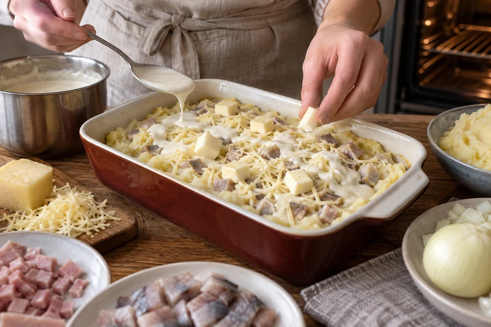 Шаг 8: Блюдо полей соусом и положи кусочками сыр и масло. Запекай суфле в течение 30 минут.