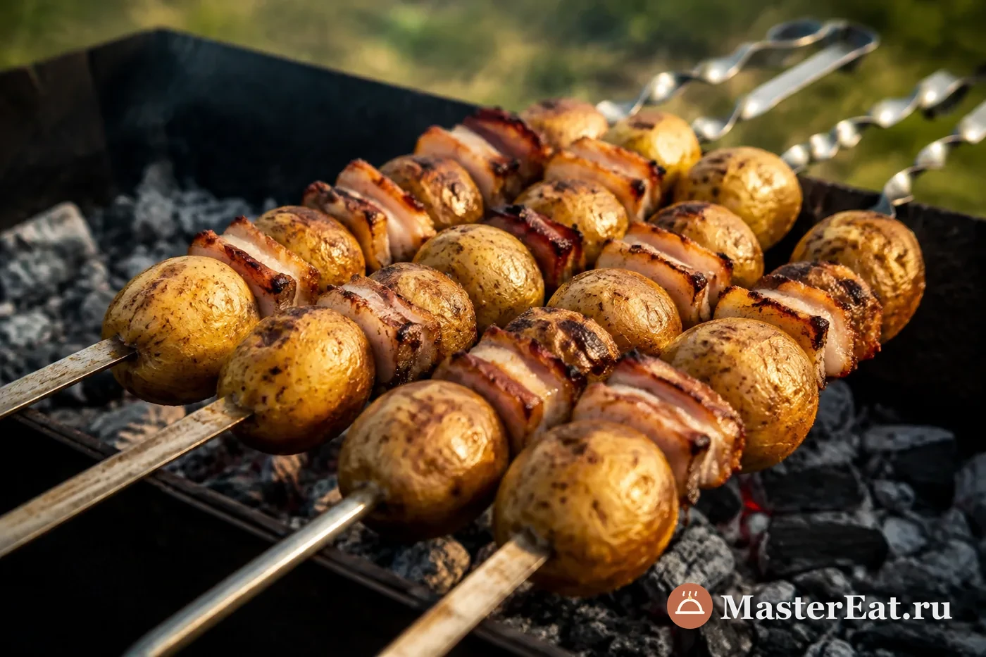 Румяный молодой картофель с кусочками сала на металлических шампурах над спокойными углями мангала