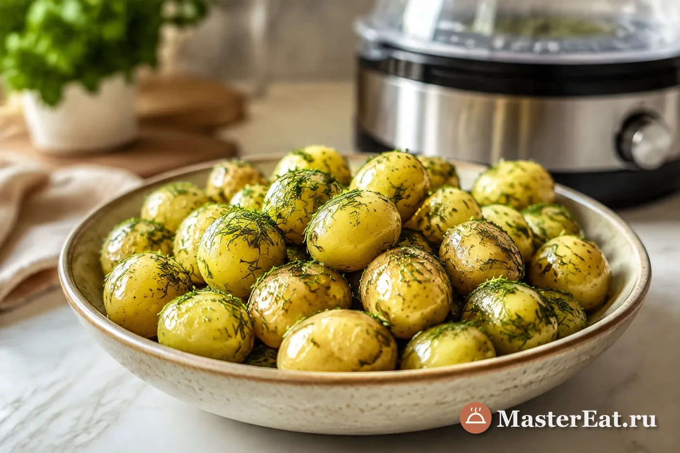 Рассыпчатый картофель с растопленным сливочным маслом и укропом в паровой корзине