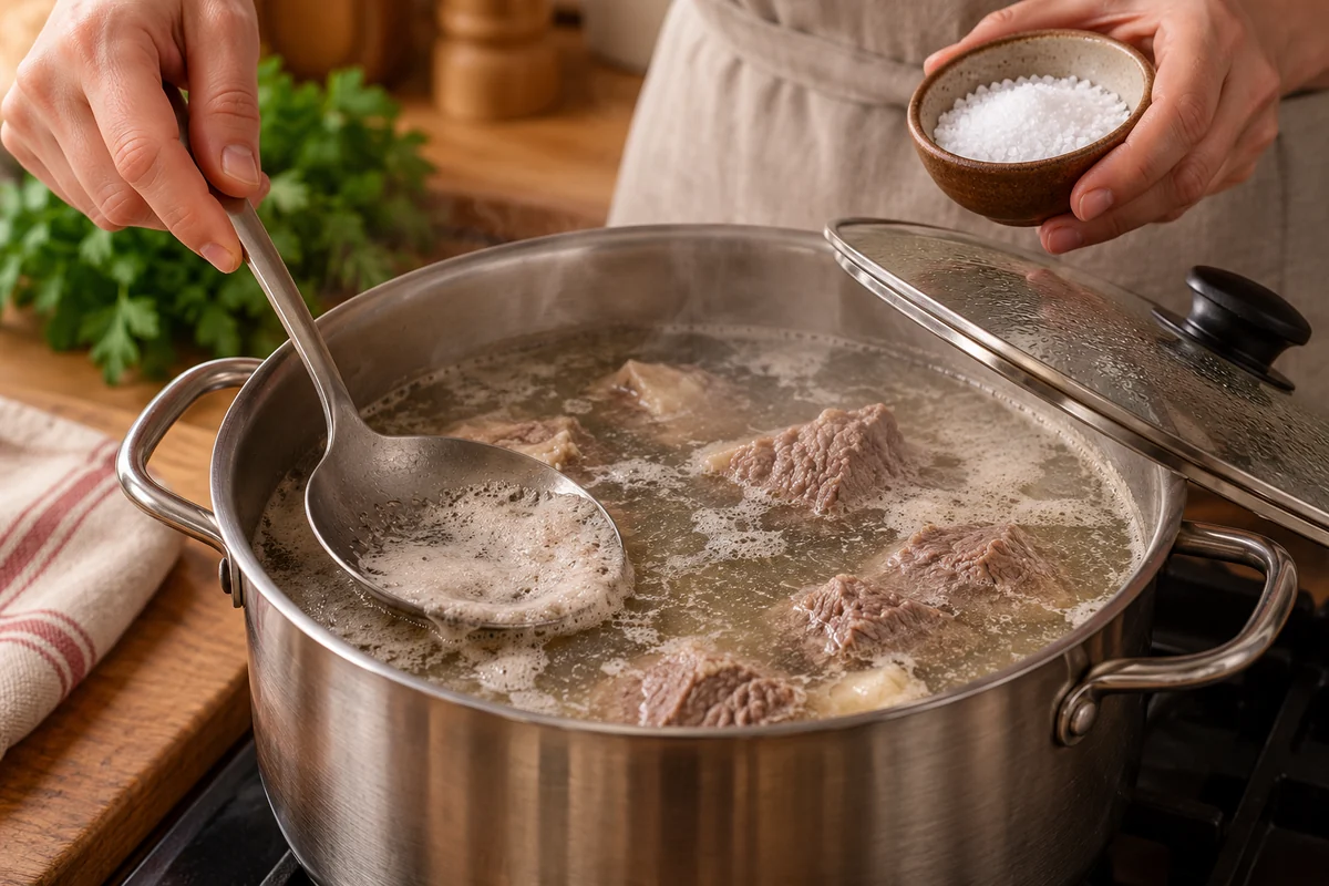 Мордовская каша салма с говядиной и картофелем. Шаг 2: Снимите пену, добавьте 8 г соли и варите мясо под неплотно закрытой крышкой 70 минут на слабом огне.