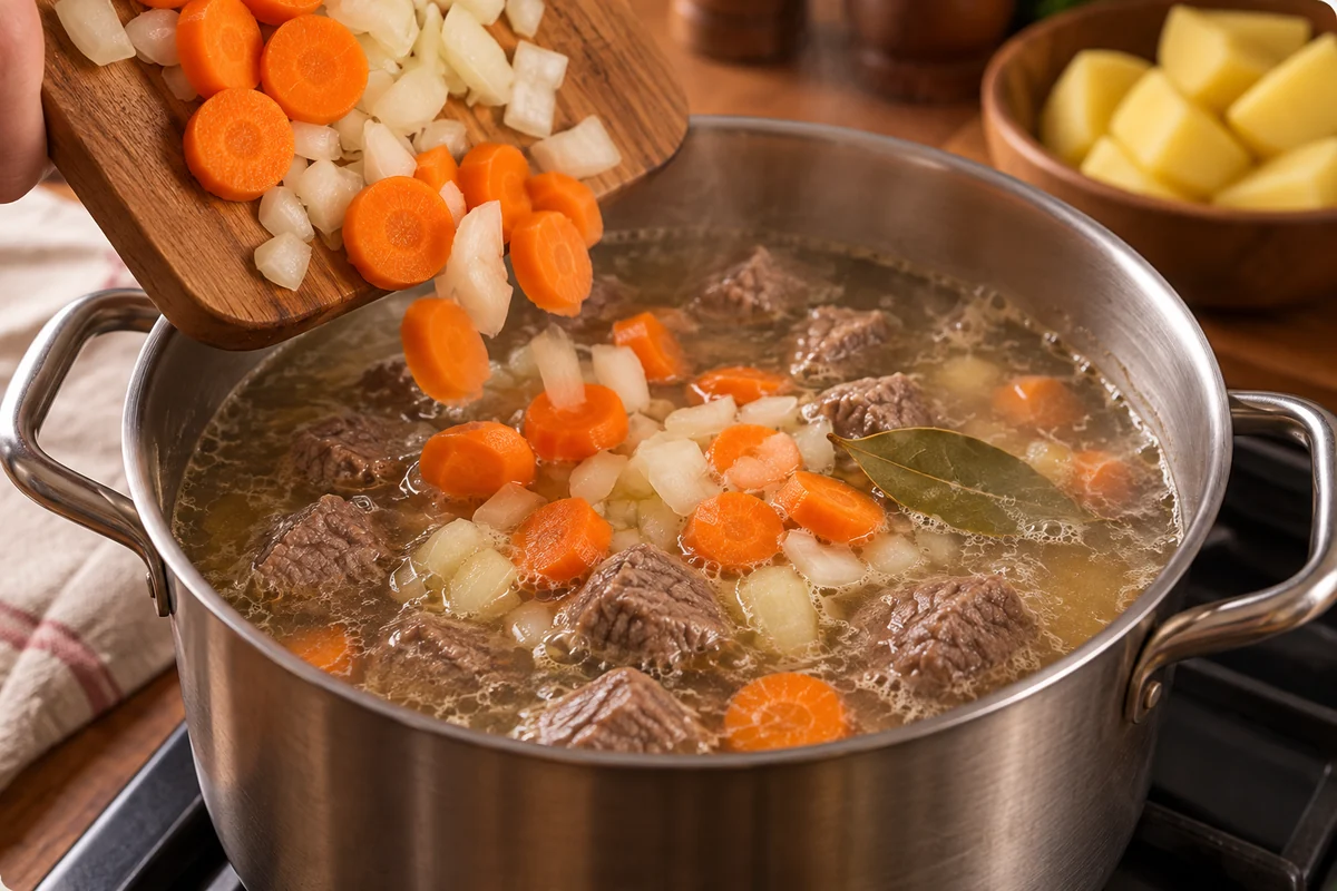Мордовская каша салма с говядиной и картофелем. Шаг 5: Добавьте овощи к мягкому мясу и варите 15 минут после повторного закипания.