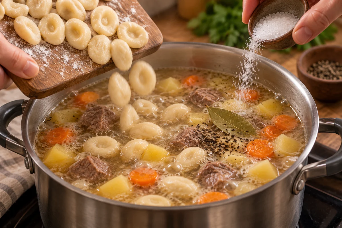 Мордовская каша салма с говядиной и картофелем. Шаг 7: Опустите салму в кипящий бульон, добавьте оставшуюся соль, перец и лавровый лист и варите 8–10 минут.