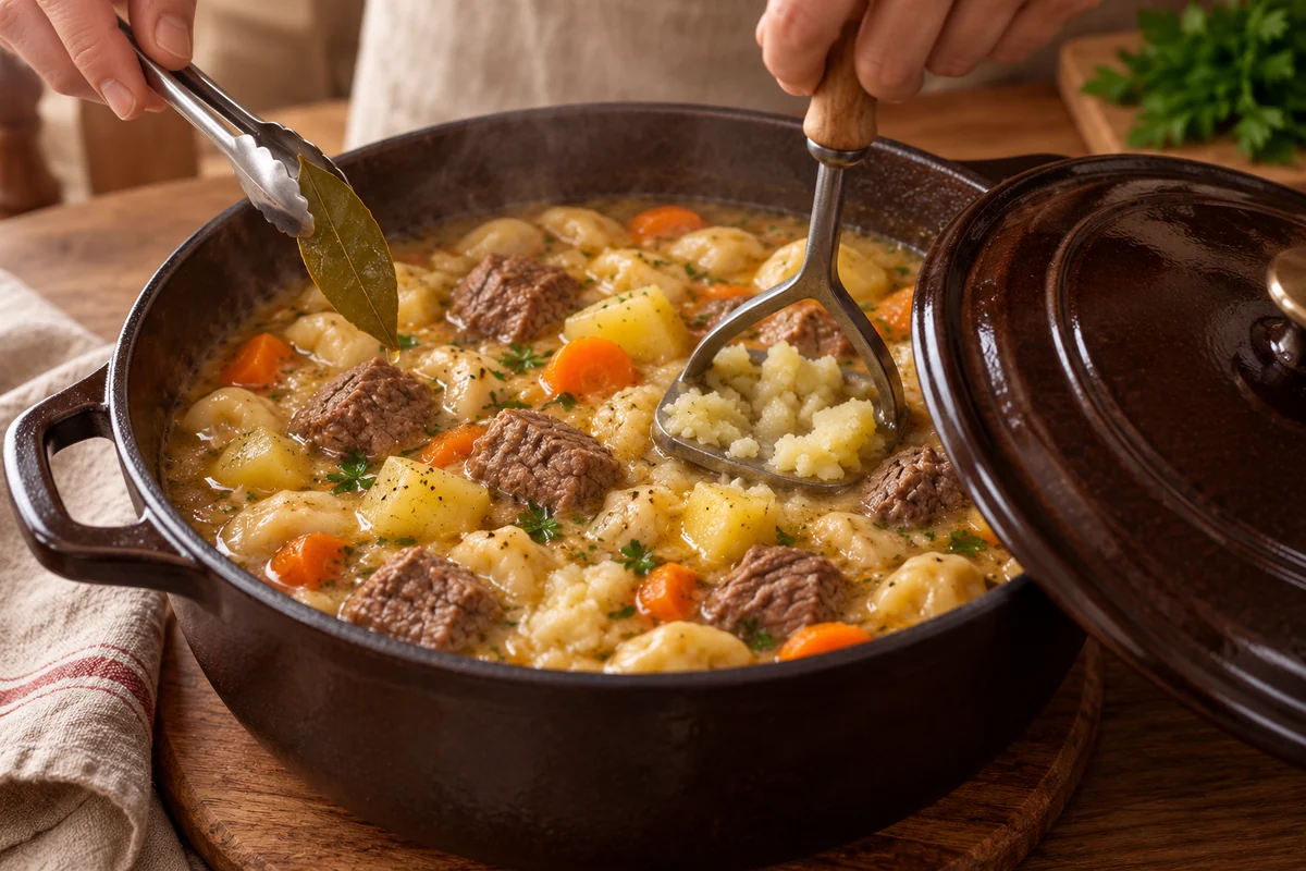 Мордовская каша салма с говядиной и картофелем. Шаг 8: Удалите лавровый лист, слегка разомните несколько кусочков картофеля и дайте блюду настояться под крышкой