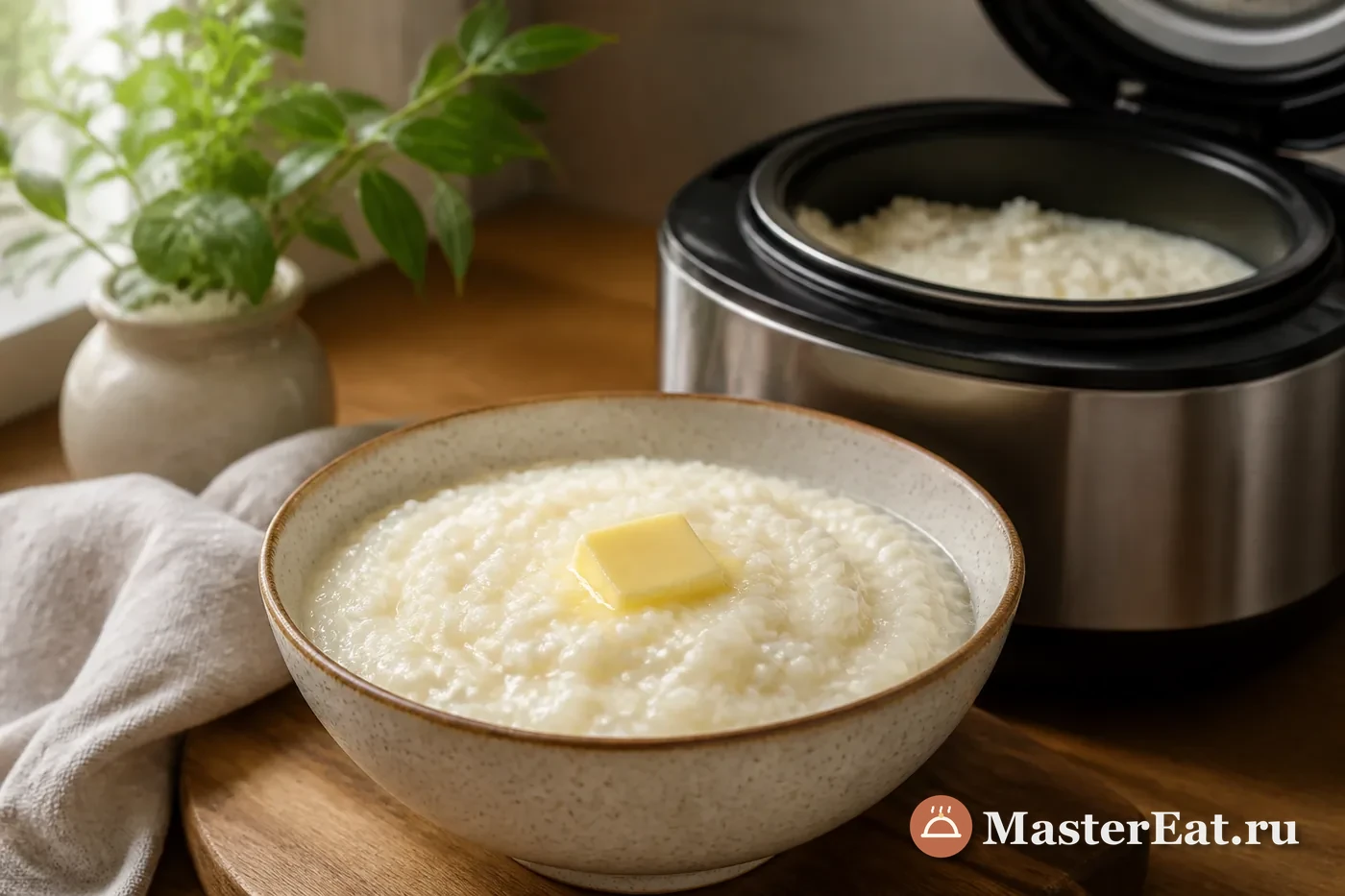 Кремовая рисовая молочная каша с кусочком масла в керамической миске