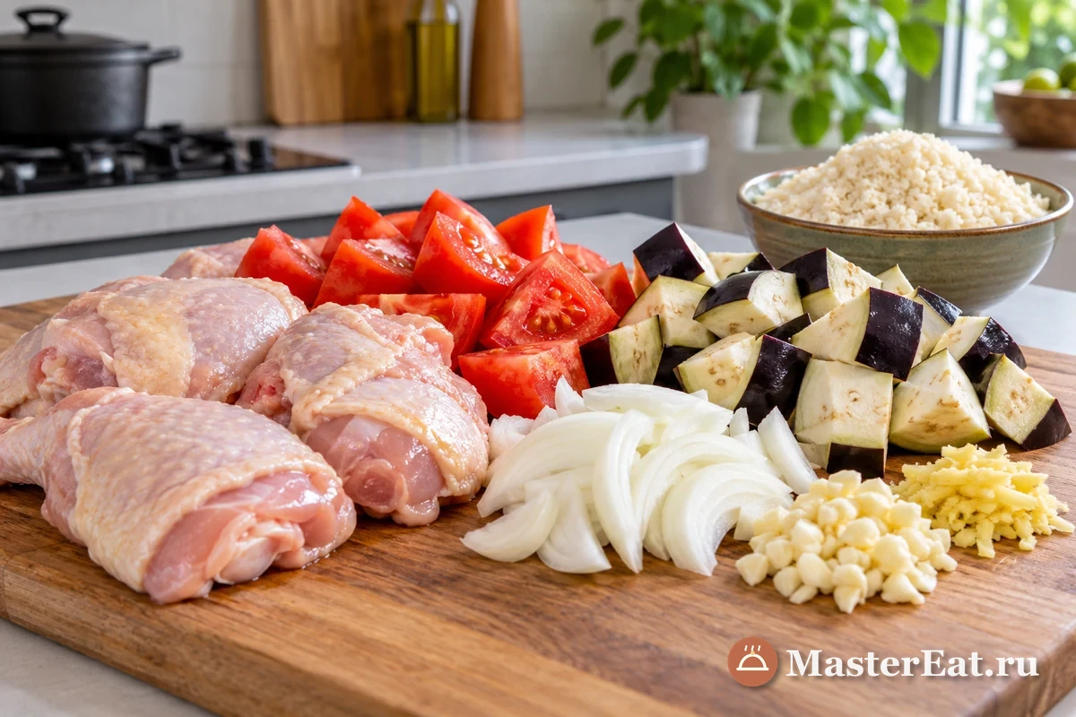 Курицу, помидоры, баклажан и лук нарезают для кеджену