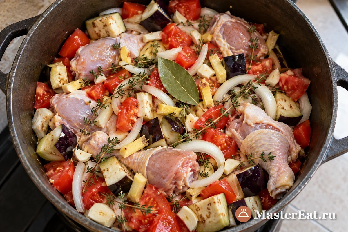 Курицу соединяют с овощами и пряностями в кастрюле