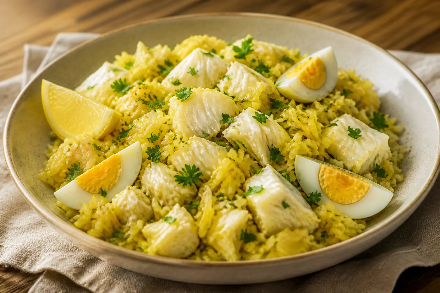 Кеджери с копчёной белой рыбой, рисом и варёными яйцами