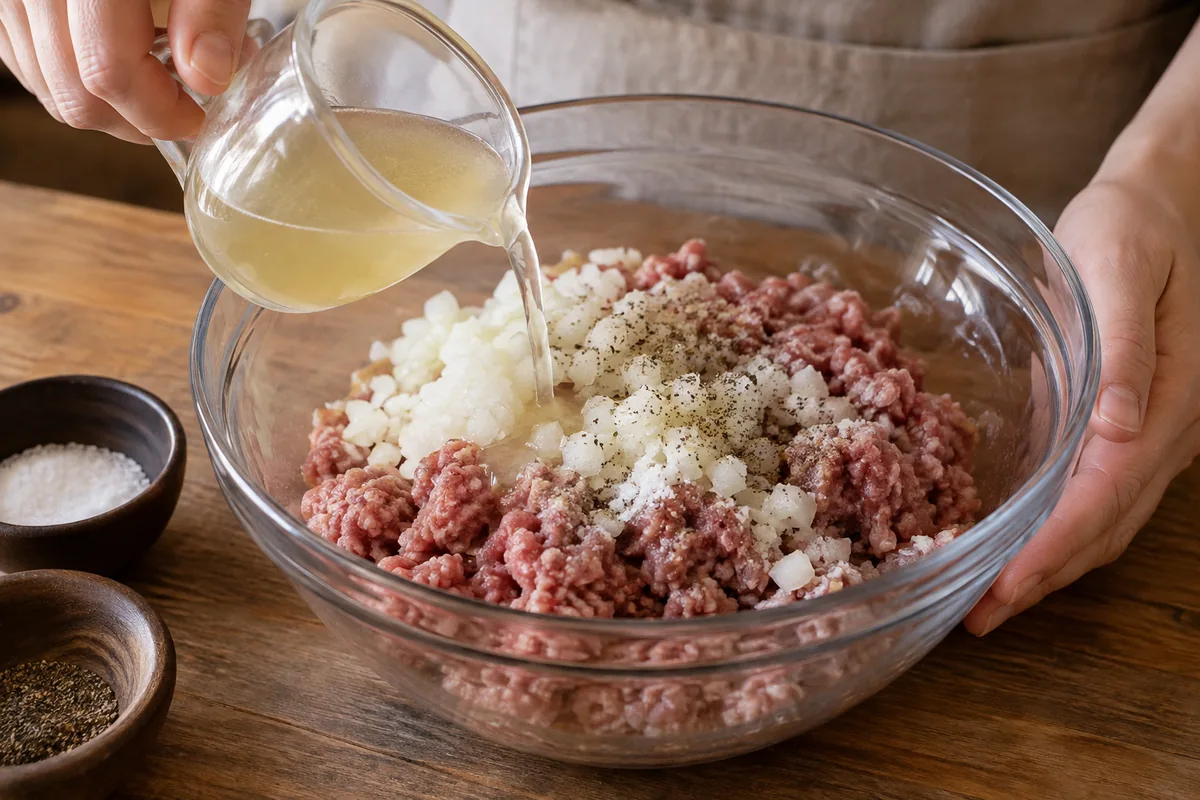 Шаг 5: Лук мелко нарежьте, соедините с мясом, добавьте соль, перец и немного бульона.
