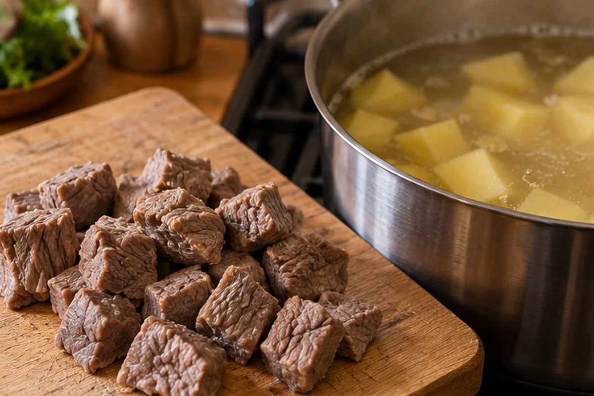 Шаг 5. Выньте мясо из бульона, отделите от кости, нарежьте кусочками, а в кастрюлю положите картофель и варите 10 минут.