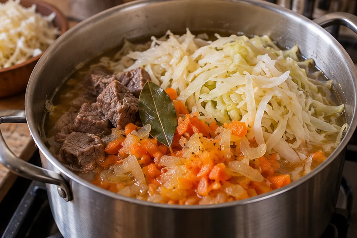 Шаг 6. Добавьте тушёную капусту, овощную заправку, мясо, лавровый лист, соль и чёрный перец.