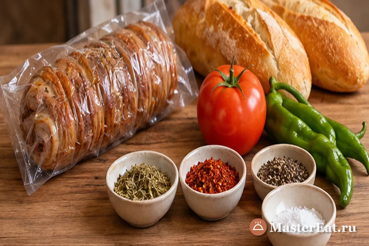 Готовый кокореч, булочки, помидоры, перец, орегано и хлопья чили
