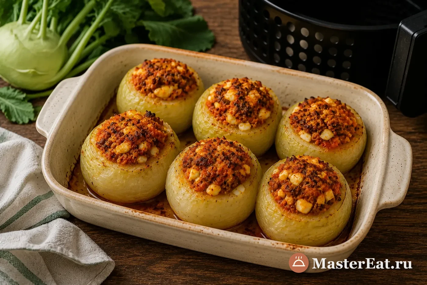 Запечённые кочанчики кольраби с начинкой из колбасы и яйца