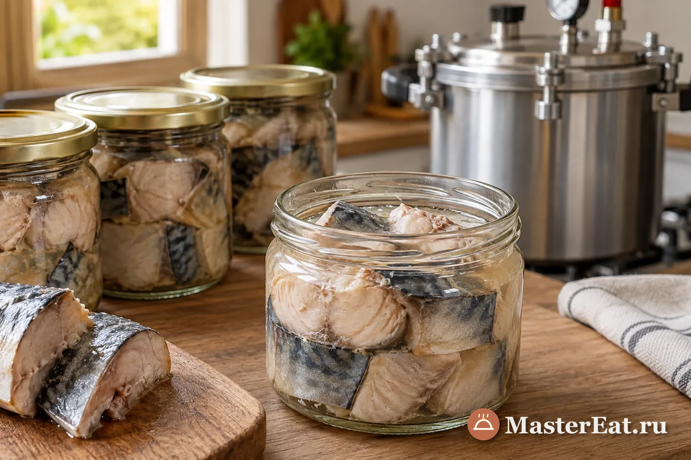 Открытая полулитровая банка с плотными кусками скумбрии в прозрачном собственном соку