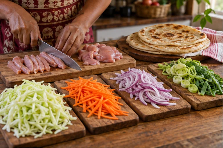 Куриное бедро, роти, капусту, морковь, лук и порей нарезают тонкими полосками
