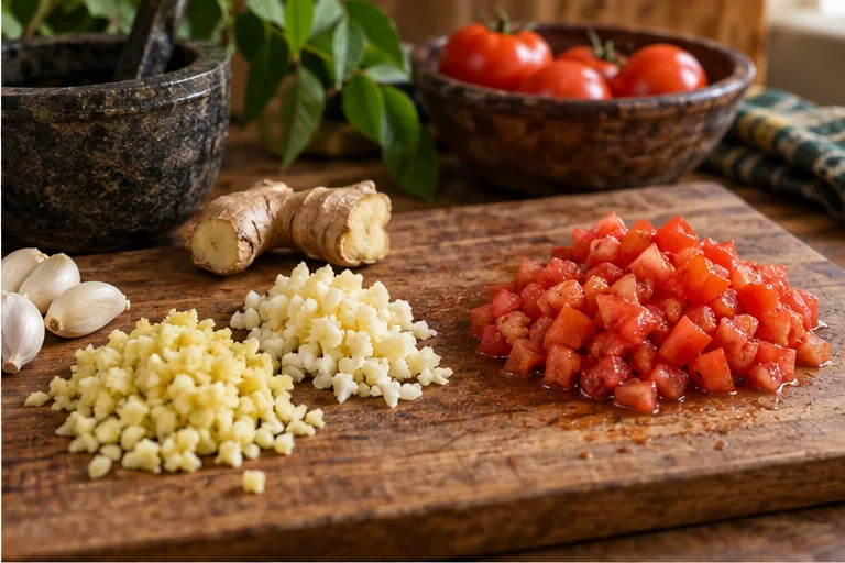 Чеснок и имбирь измельчают, помидоры режут кубиками
