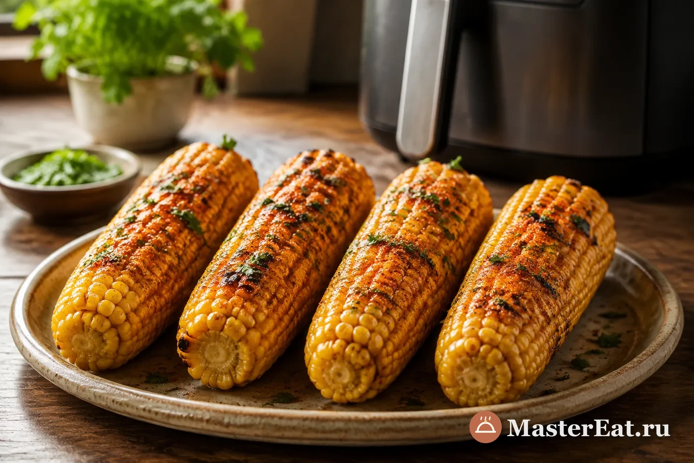 Четыре румяных початка кукурузы с пряным маслом и зеленью на деревянной доске