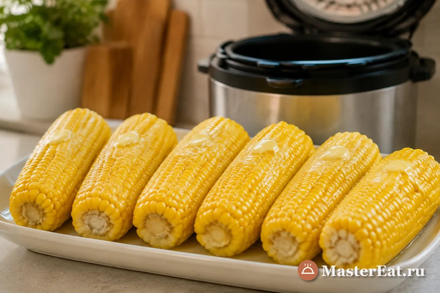 Сочные ярко-жёлтые початки кукурузы со сливочным маслом на светлом блюде