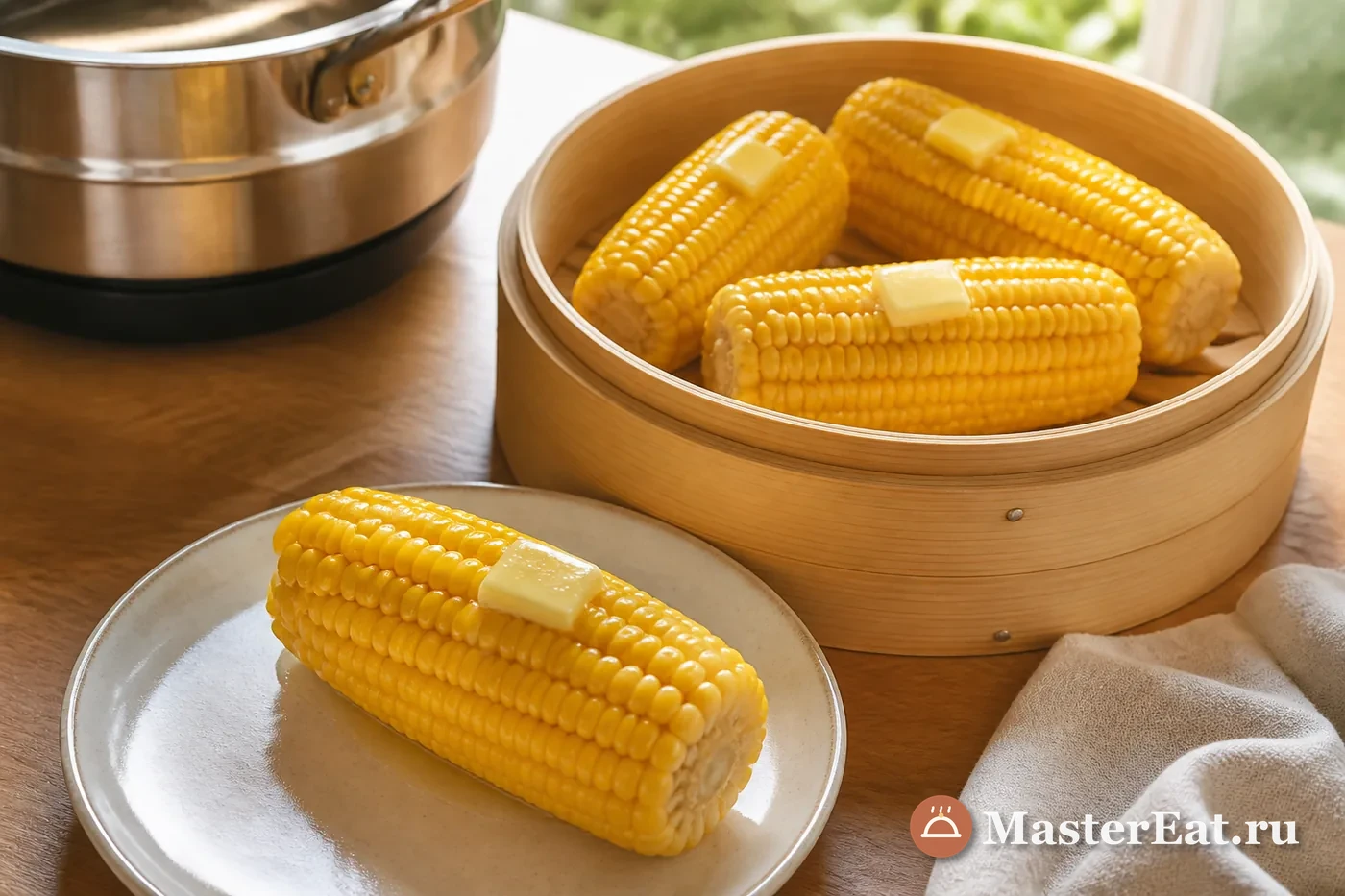 Четыре сочных жёлтых початка кукурузы с маслом в корзине пароварки
