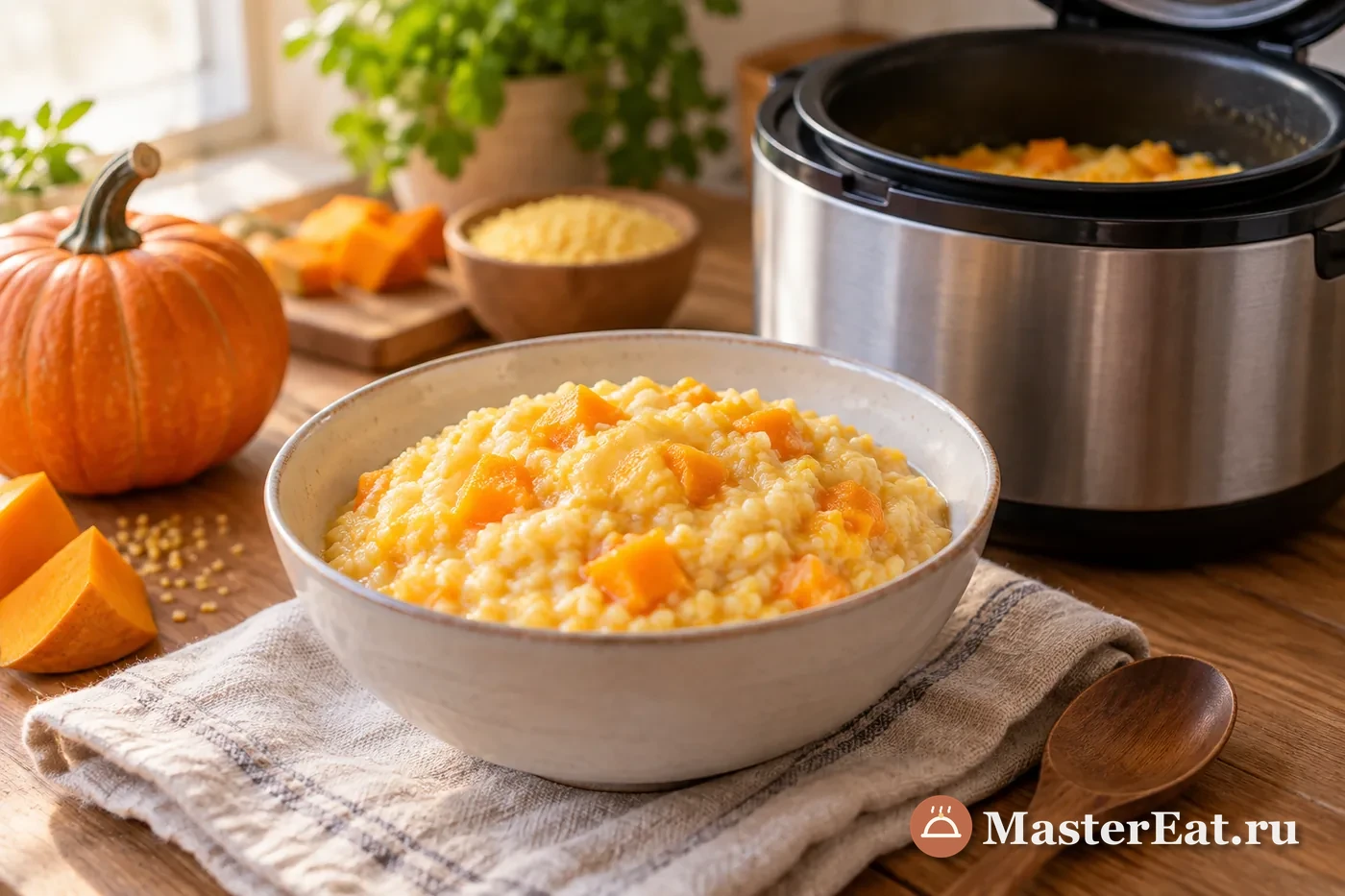 Густая кукурузная каша с кусочками тыквы в чаше мультиварки