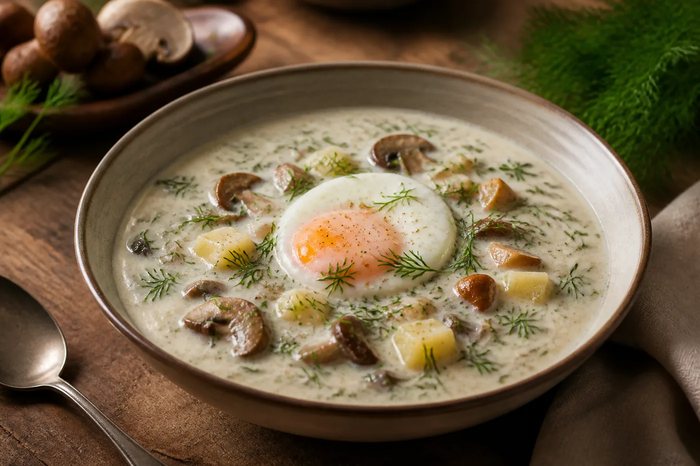 Чешский грибной суп кулайда с укропом и яйцом