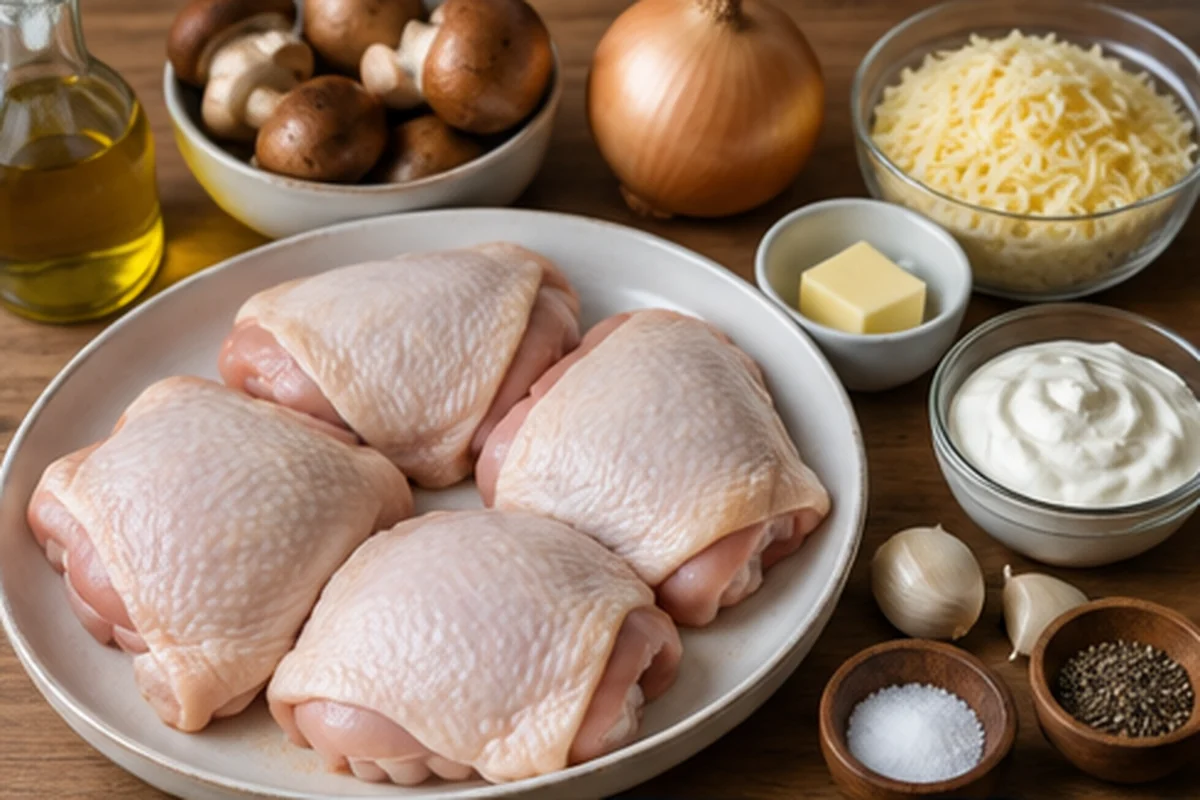 Куриные бёдра с кожей и продукты для грибной начинки