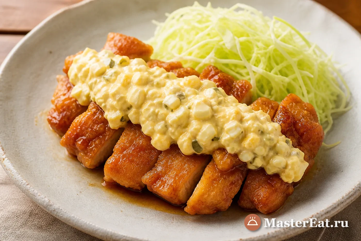 Японская курица нанбан с яичным соусом тартар и капустой