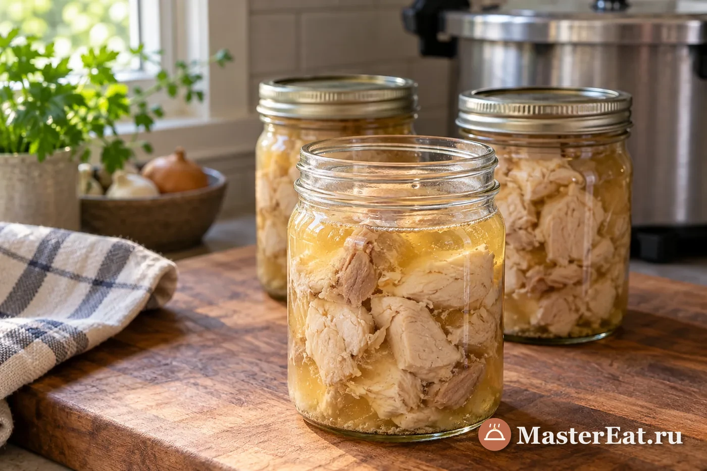 Открытая банка с плотными кусочками курицы в прозрачном натуральном бульоне