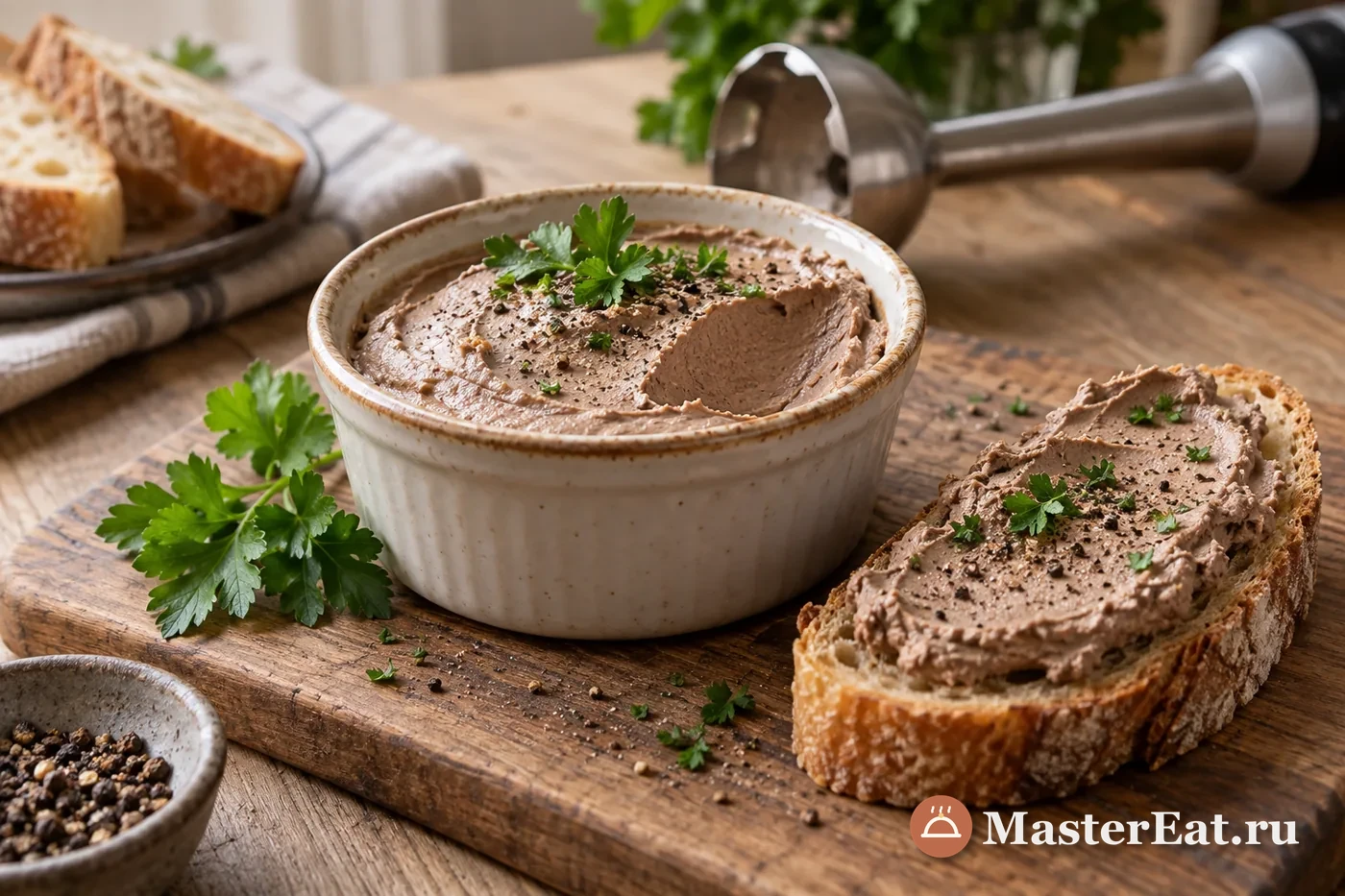 Нежный куриный печёночный паштет на ломтике хлеба с зеленью