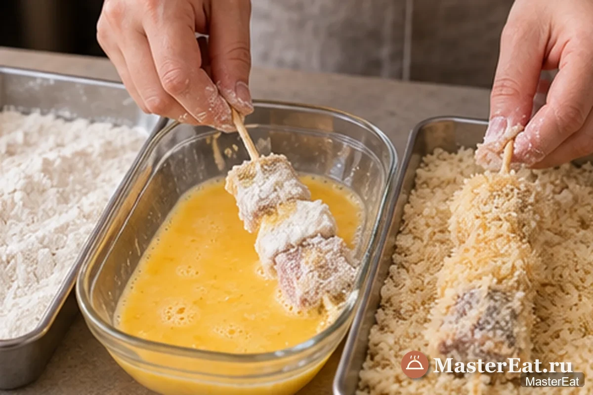 Кусикацу – осакские жареные шпажки: Покрывают шпажки мукой, яйцом и панко