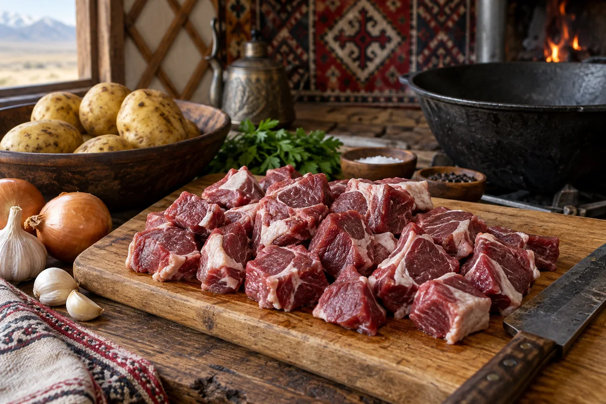 Баранину нарезают средними кусочками для куурдака