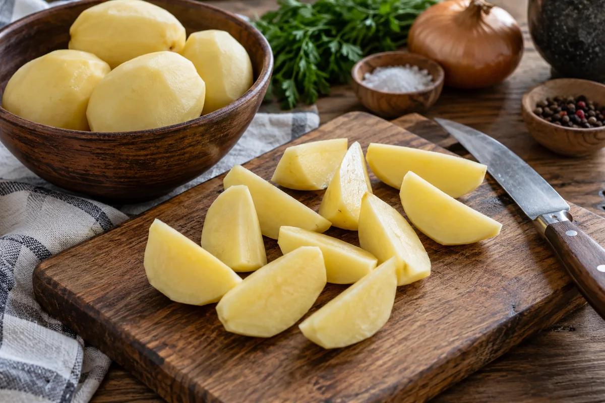 Очищенный картофель нарезают крупными дольками