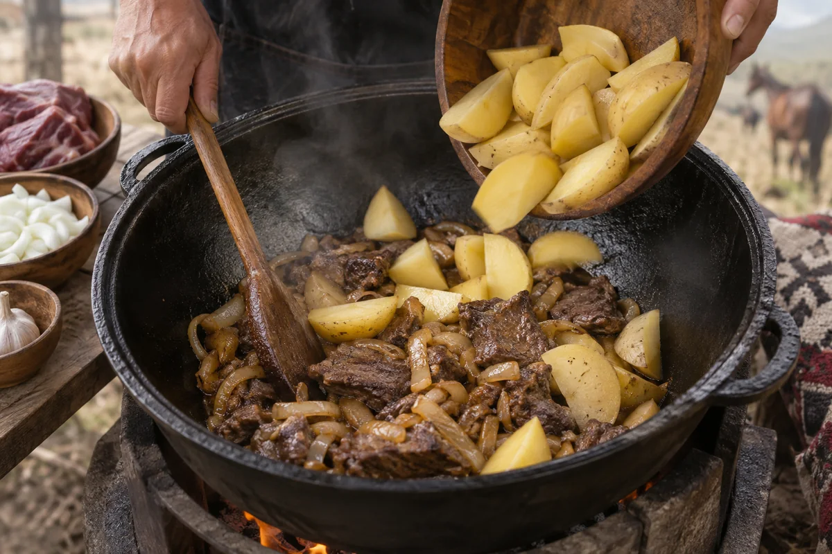 Картофельные дольки добавляют к баранине и луку в казане