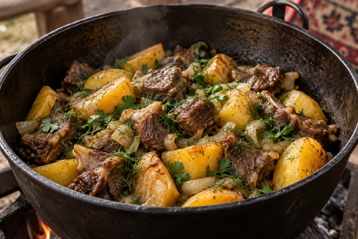 Готовый куурдак с бараниной и картофелем посыпают зеленью