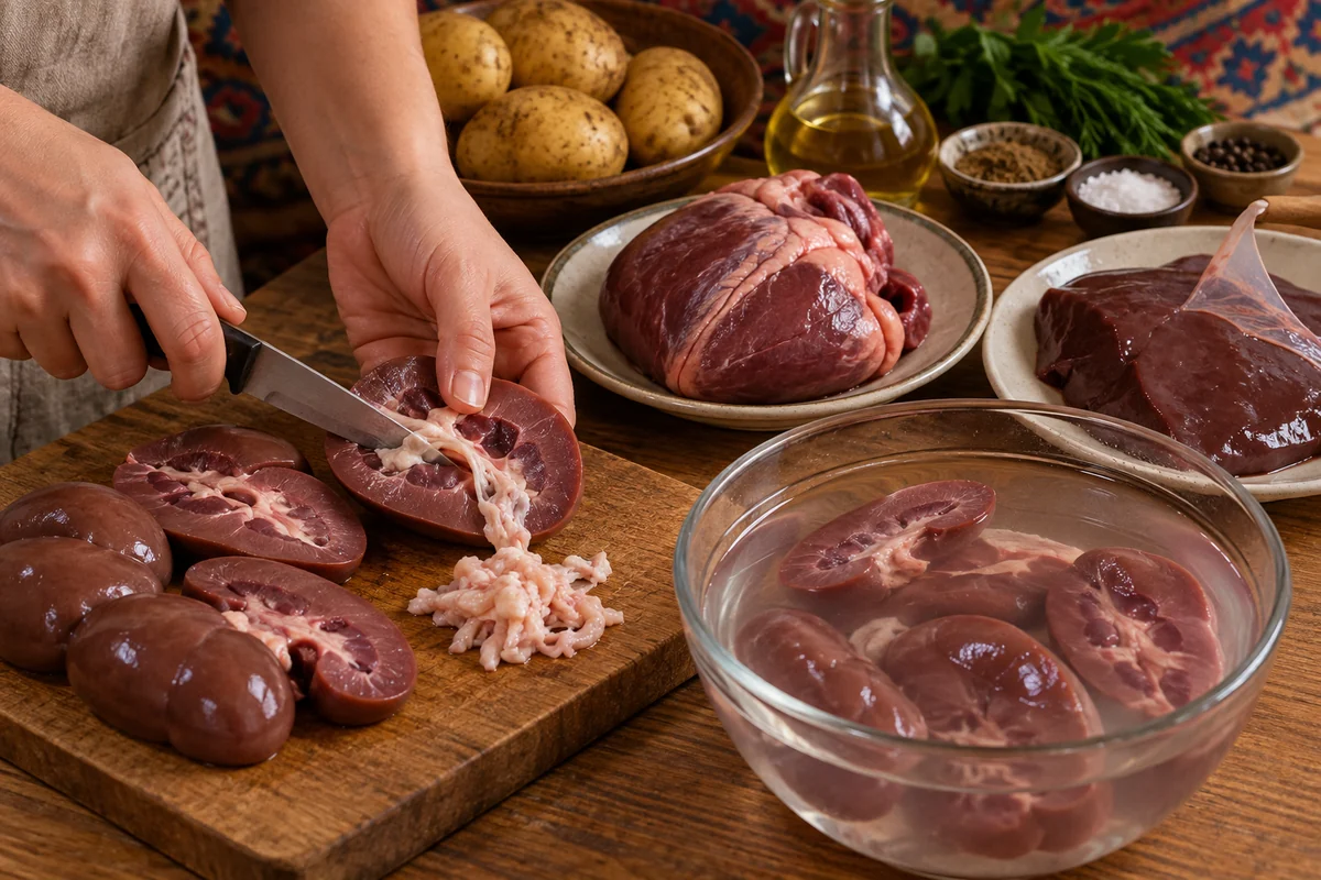 Куырдак из субпродуктов в домашних условиях. Шаг 1: Разрежьте почки, удалите протоки и жир, промойте и замочите в холодной воде на 20 минут. Сердце очистите