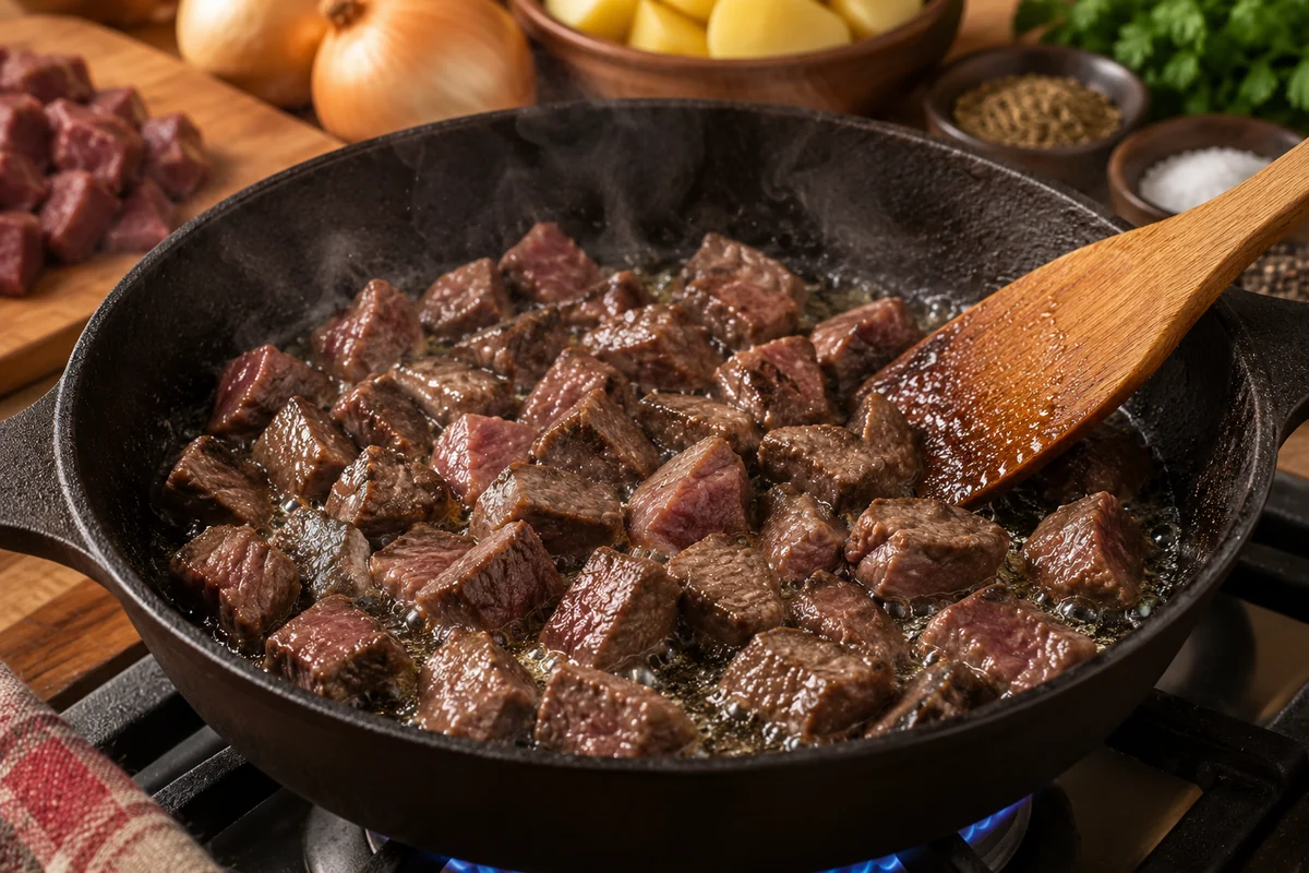 Куырдак из субпродуктов в домашних условиях. Шаг 3: В широкой глубокой сковороде нагрейте растительное масло. Обжарьте сердце 8 минут на сильном огне.