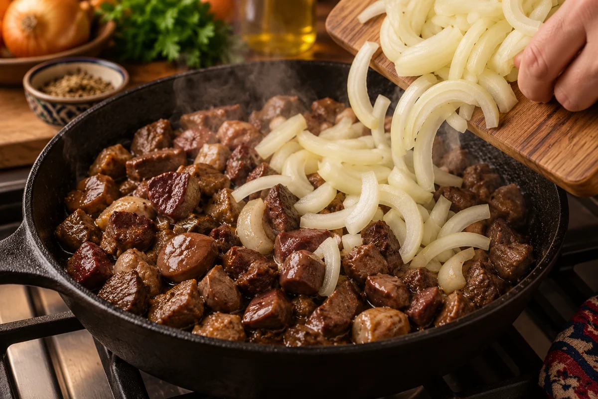 Куырдак из субпродуктов в домашних условиях. Шаг 4: Добавьте почки и готовьте ещё 6 минут, пока выделившаяся влага почти не испарится. Всыпьте лук и жарьте 5