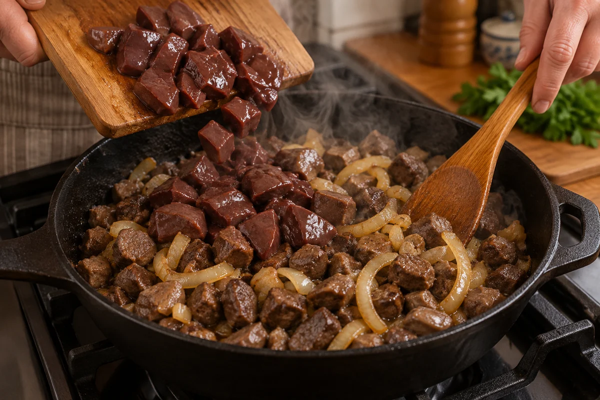 Куырдак из субпродуктов в домашних условиях. Шаг 6: Добавьте печень, перемешайте и готовьте без крышки 7–9 минут. Снимите с огня, когда печень приготовилась