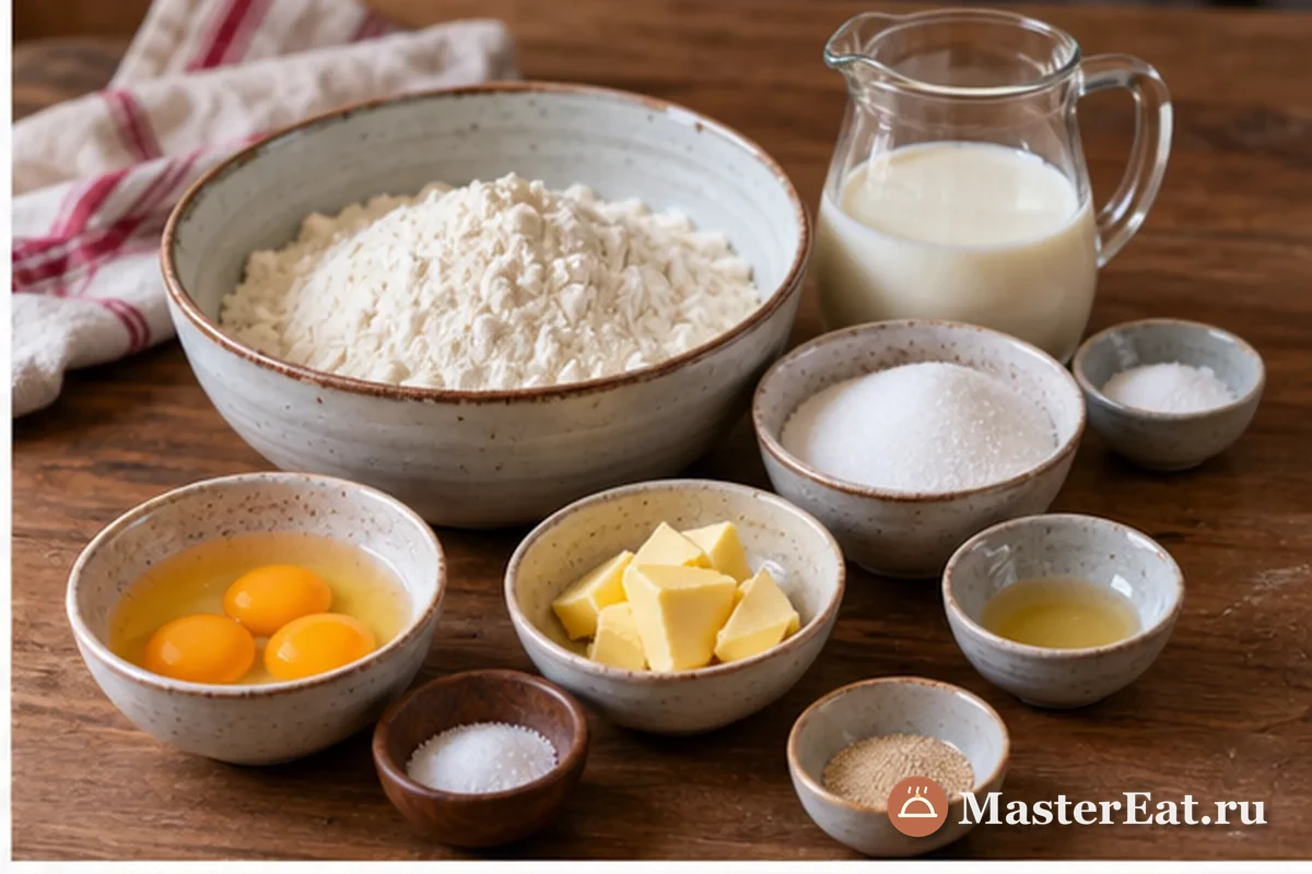 Молоко, дрожжи, муку, яйца и масло готовят для теста
