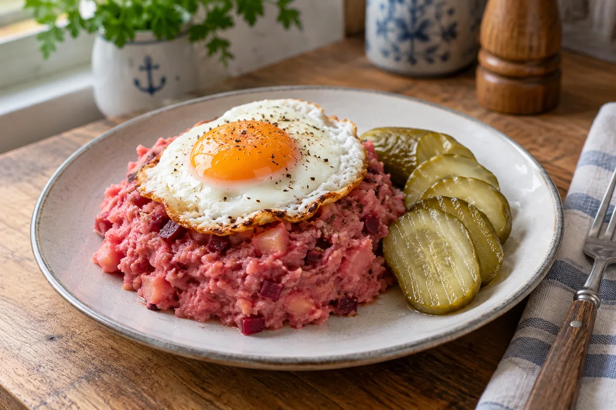 Шаг 8: Подавайте лабскаус с яйцом и маринованными огурцами.