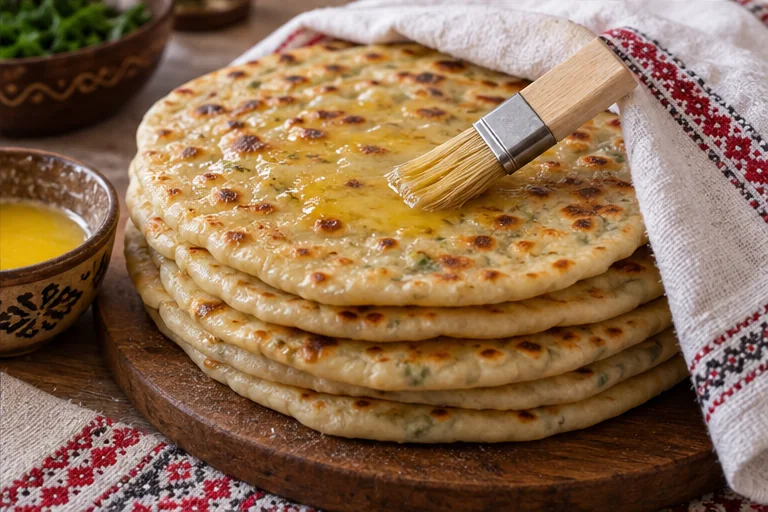 Готовые горячие лепёшки смазывают сливочным маслом и складывают стопкой