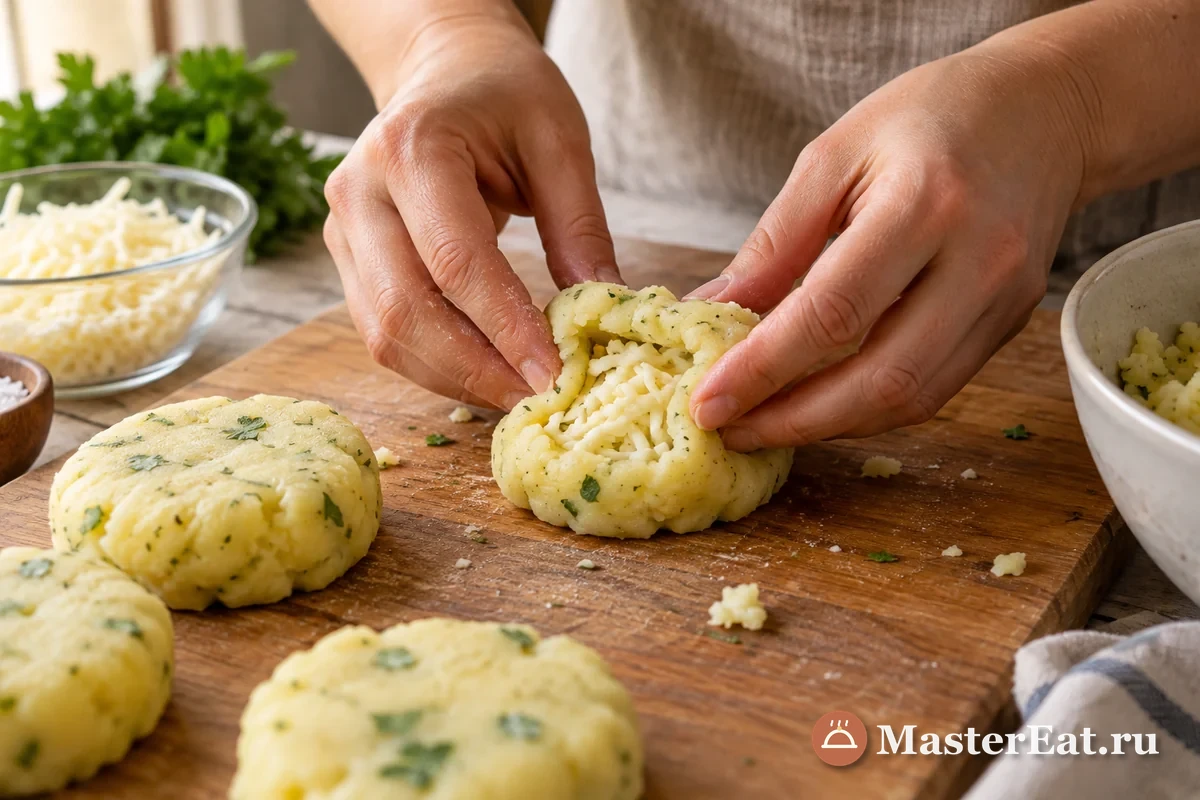 Картофельную лепёшку наполняют тёртым сыром и закрывают края