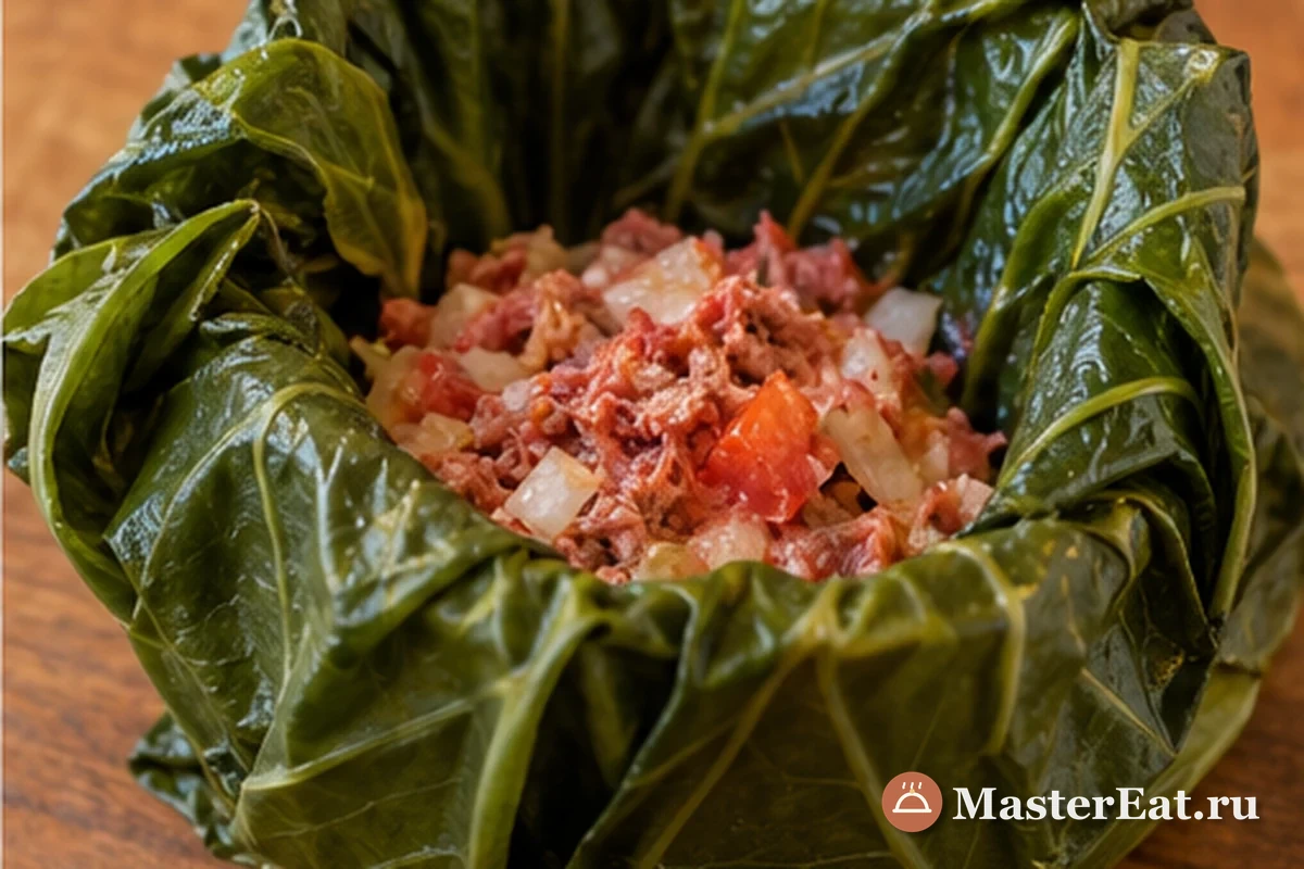 Солонину смешивают с луком, помидорами и кокосовыми сливками
