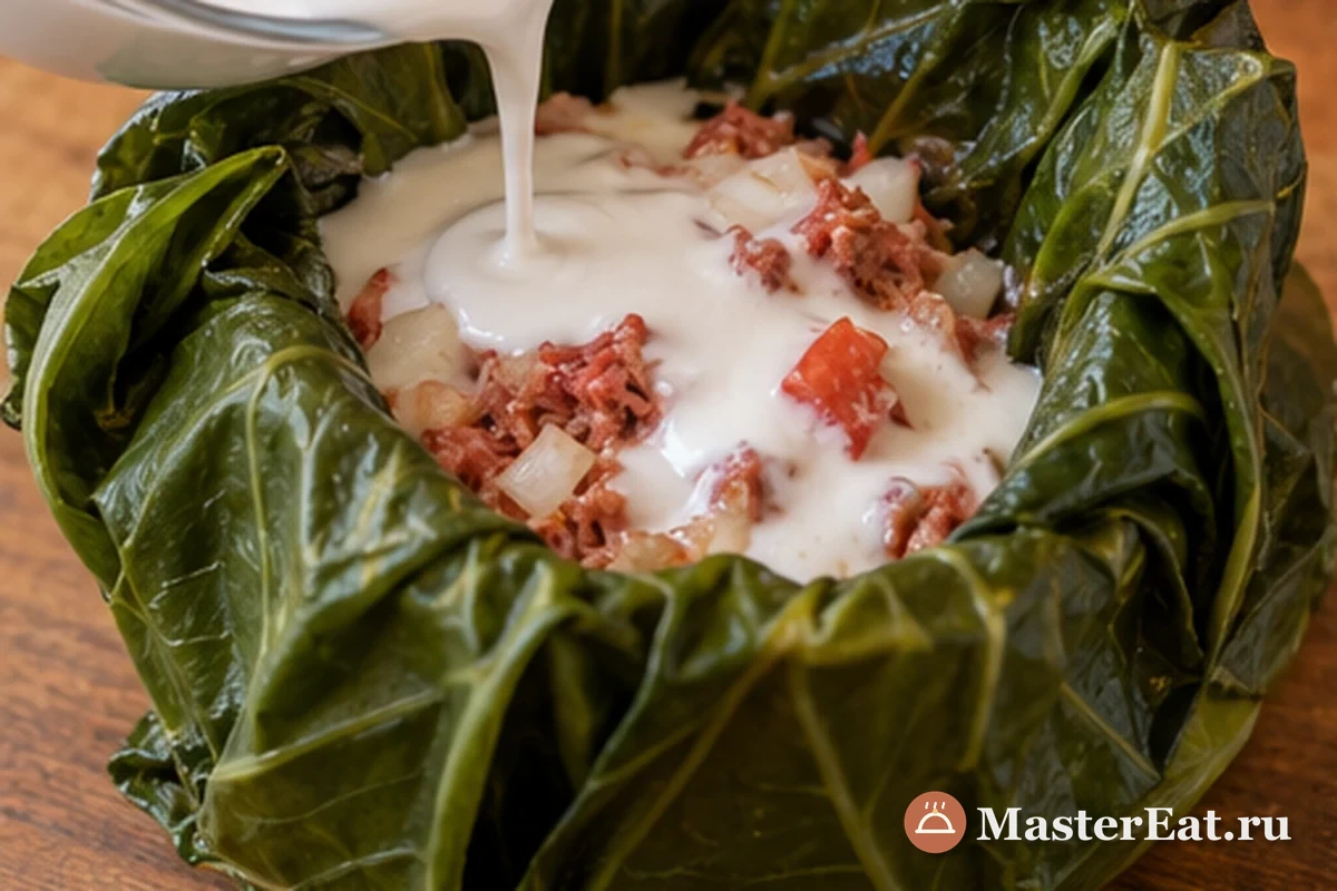Мясную начинку заворачивают в листья таро