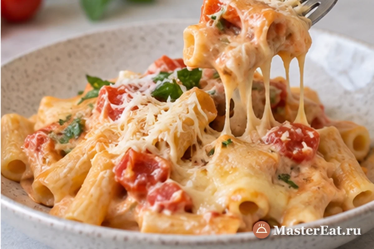 Запечённые макароны с томатами и сыром после короткого отдыха