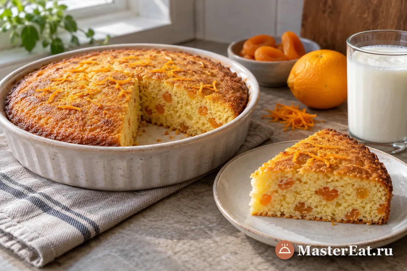Золотистый манник с кусочками кураги и апельсиновой цедрой на разрезе