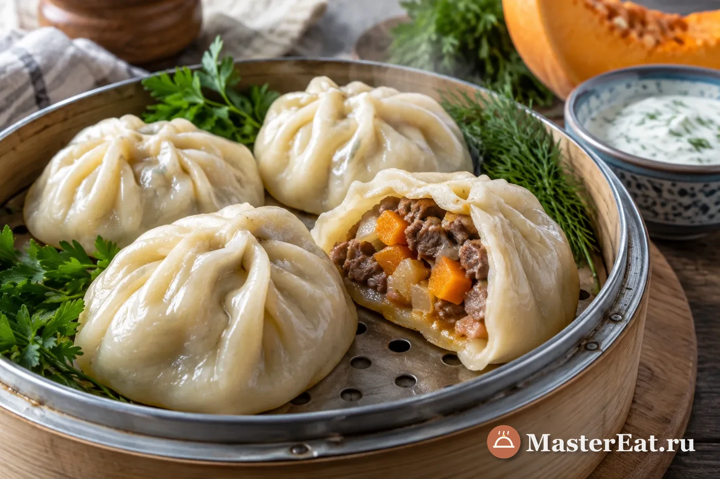 Манты с рубленой говядиной и оранжевыми кубиками тыквы на решётке пароварки