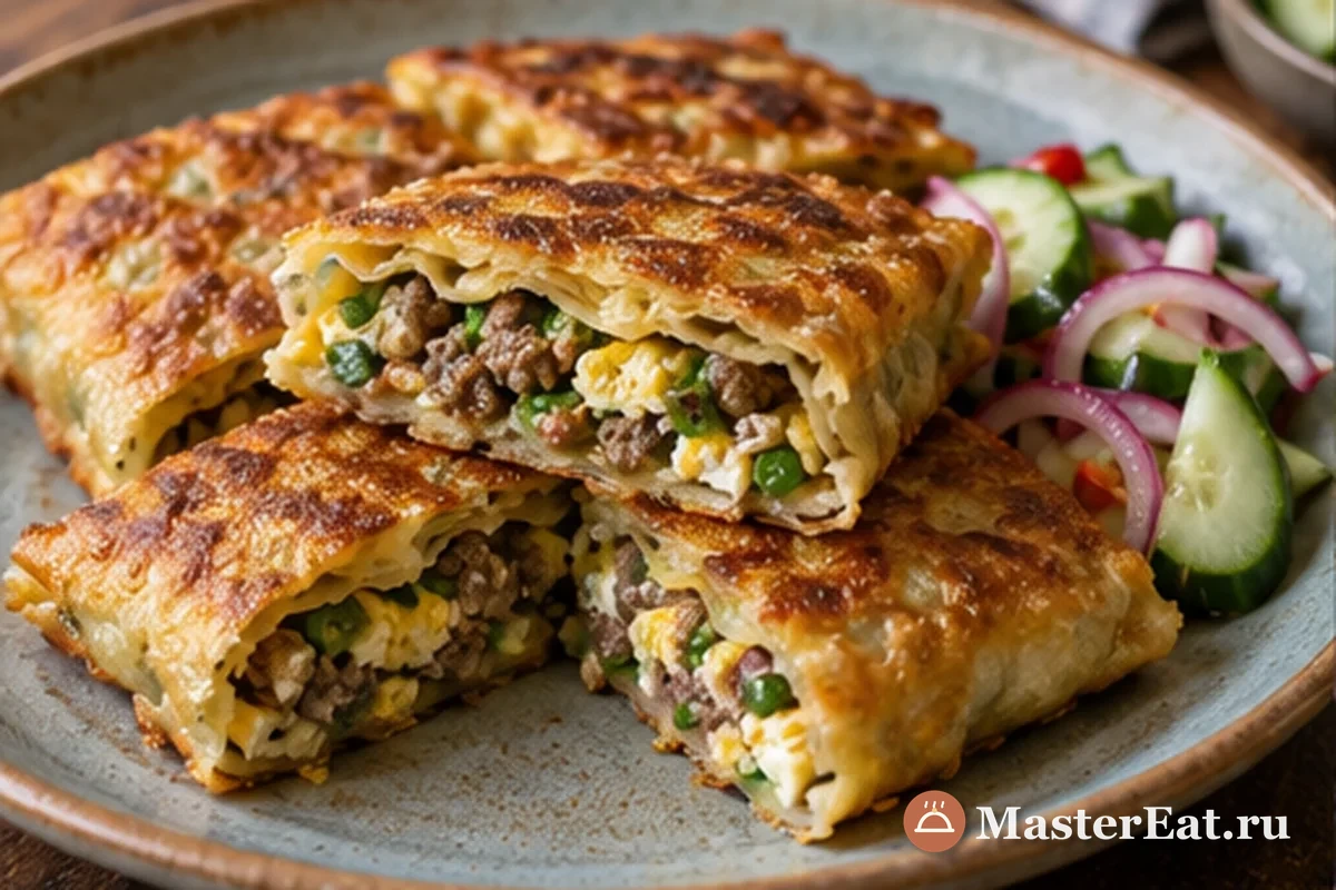Индонезийский мартабак с говядиной и яйцом, разрезанный на золотистые квадраты