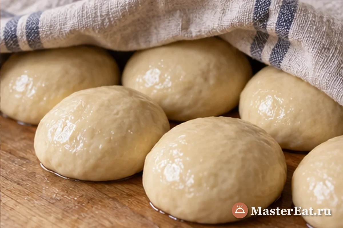 Мартабак с мясом и яйцом: Мягкие шарики теста смазаны маслом и отдыхают под крышкой рядом с миской.